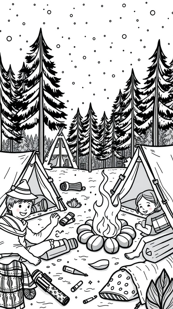 Coloring page featuring kids camping with tents and a campfire.