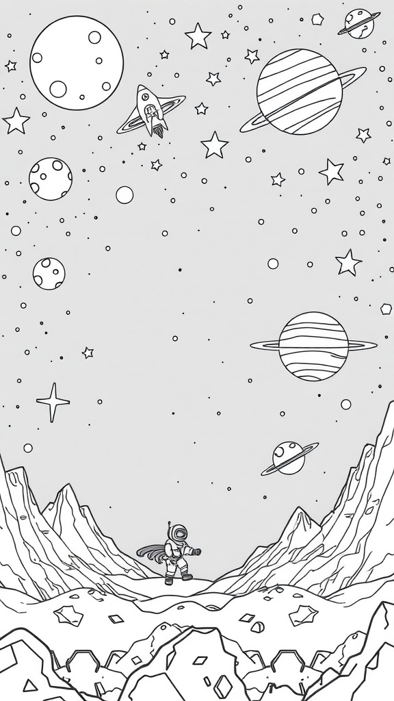 A black and white coloring page featuring an astronaut on a lunar landscape with planets and stars in the background.