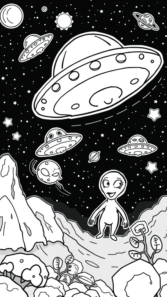 Coloring page featuring aliens and UFOs in outer space.