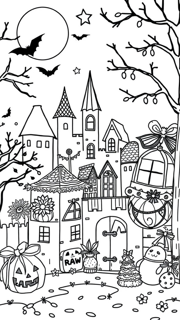 A detailed black and white coloring page featuring a castle, pumpkins, bats, and a snowman, ideal for seasonal celebrations.