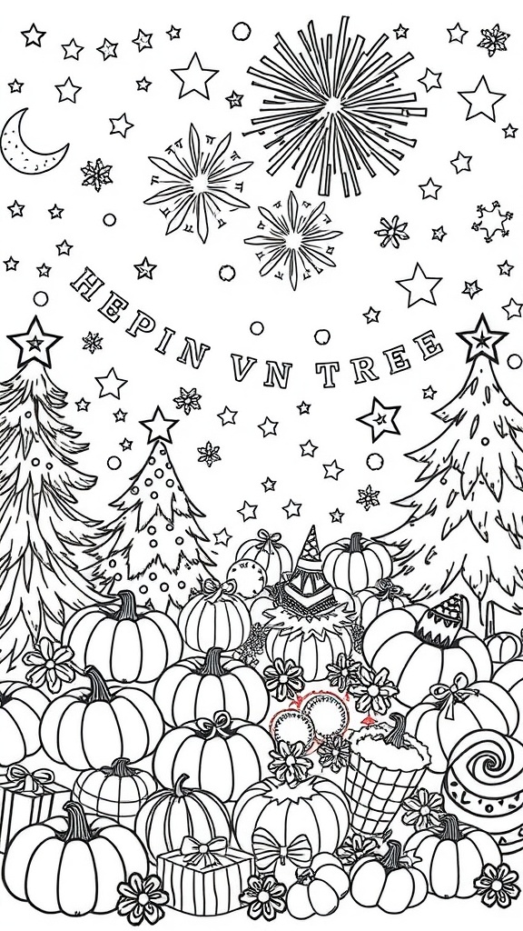 Coloring page featuring pumpkins, Christmas trees, and festive symbols.