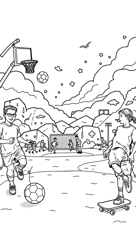 A coloring page featuring kids playing soccer and basketball in a park setting.