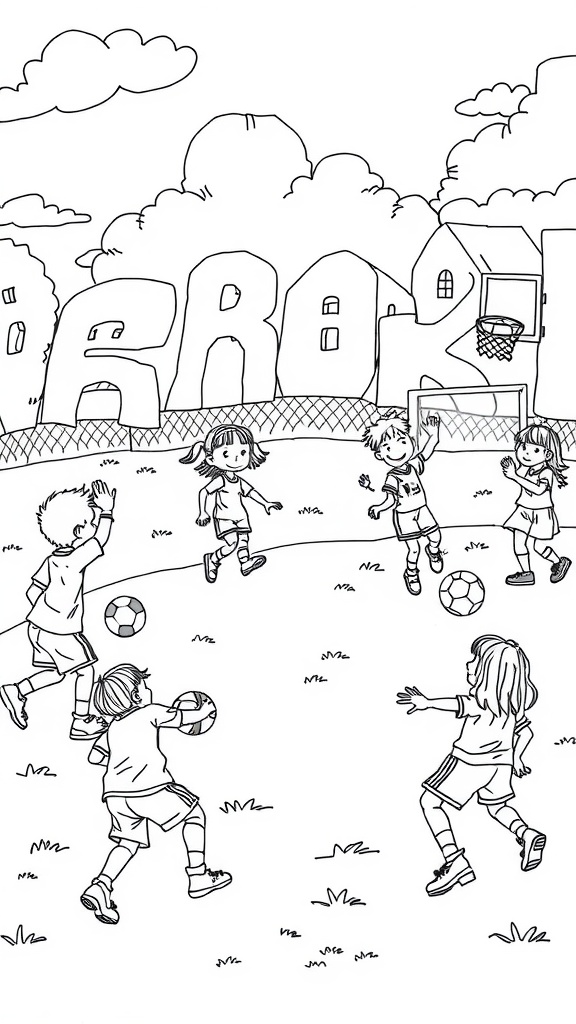 A coloring page showing children playing soccer and basketball in a park.