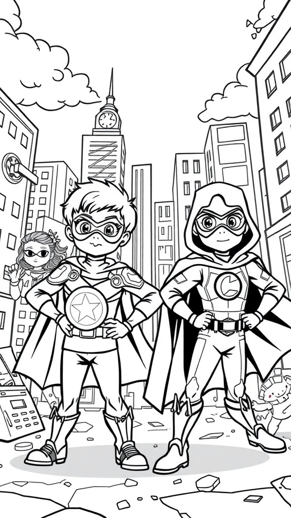 Coloring page featuring superheroes in a city setting ready for action