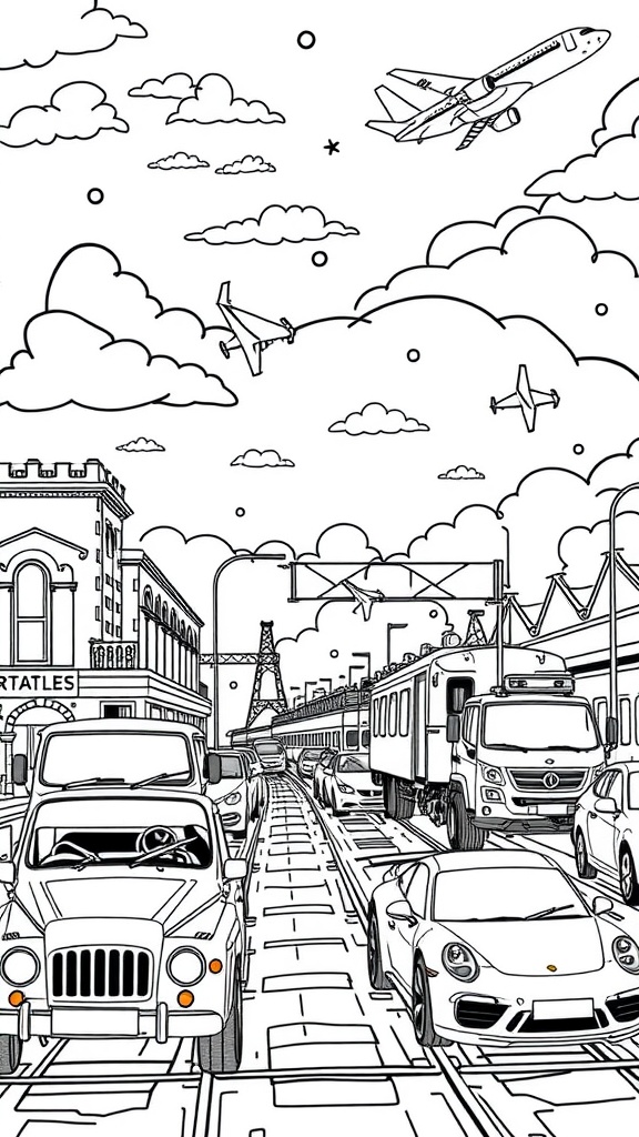 Coloring page featuring various transportation vehicles including cars, a train, and airplanes in a busy city setting.