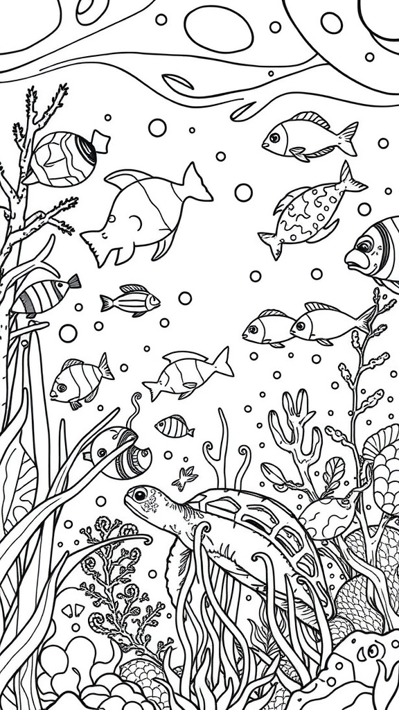 Coloring page of underwater scene with fish and turtle