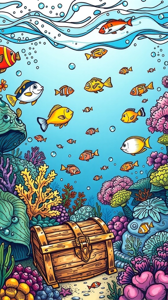 An underwater scene with colorful fish, corals, and a treasure chest.