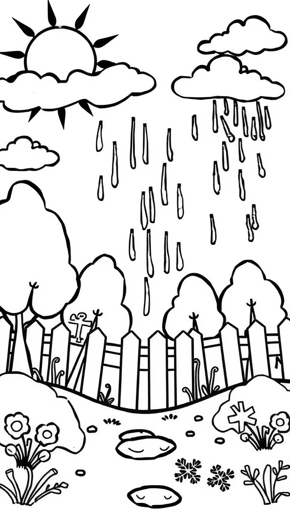 A coloring page featuring a sunny sky with clouds and rain, surrounded by trees and flowers.