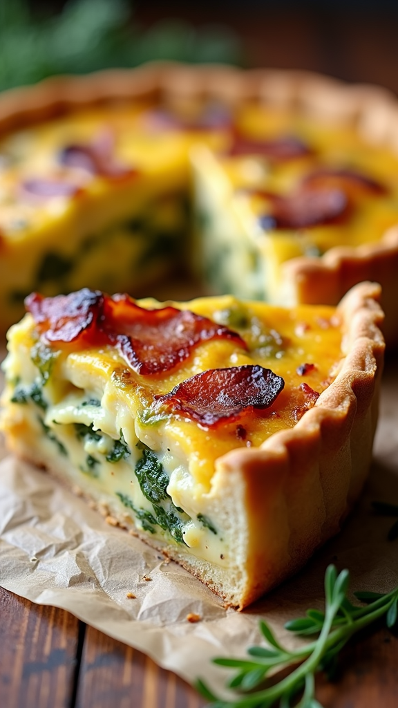 A delicious breakfast quiche with bacon and leeks, freshly baked and sliced.