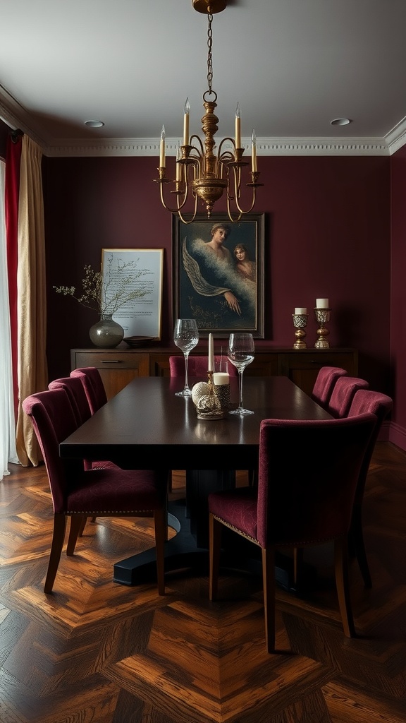 A moody dining room featuring a dark wood table surrounded by burgundy chairs, a vintage chandelier, and classic artwork.