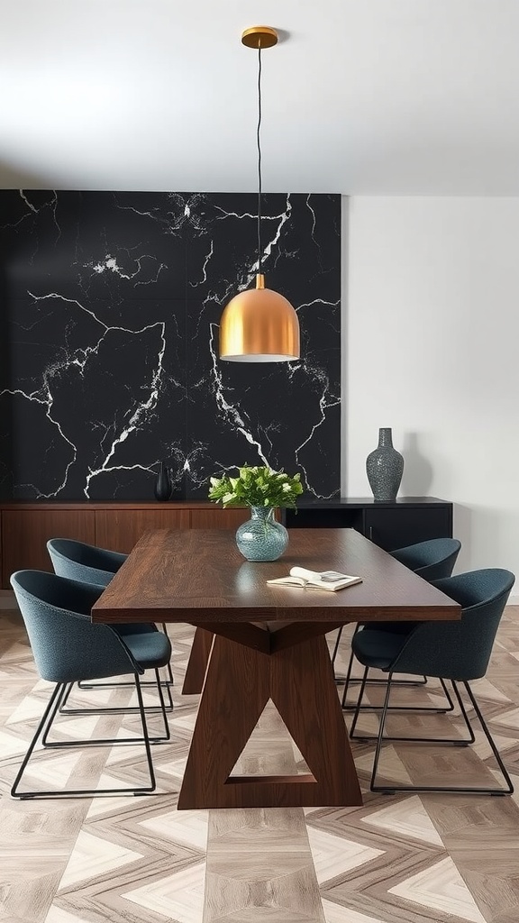A modern dining room featuring a dark wall with a marble design, a wooden table, and stylish chairs.