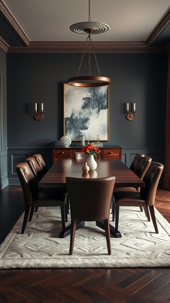 A moody dining room featuring dark mahogany furniture, warm lighting, and a cozy rug.