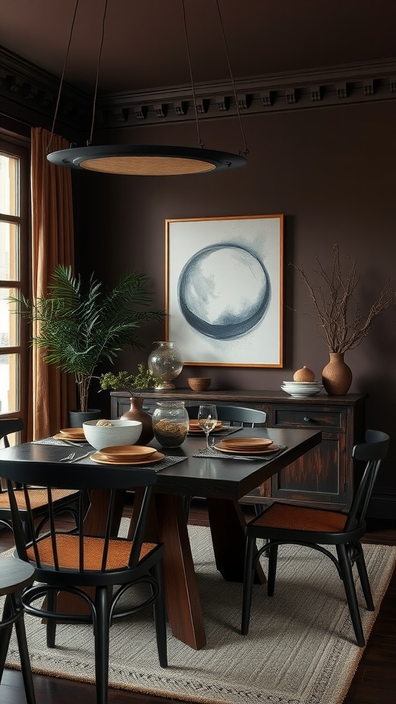 A moody dining room featuring deep earth tones with a wooden table, chairs, and subtle decor.