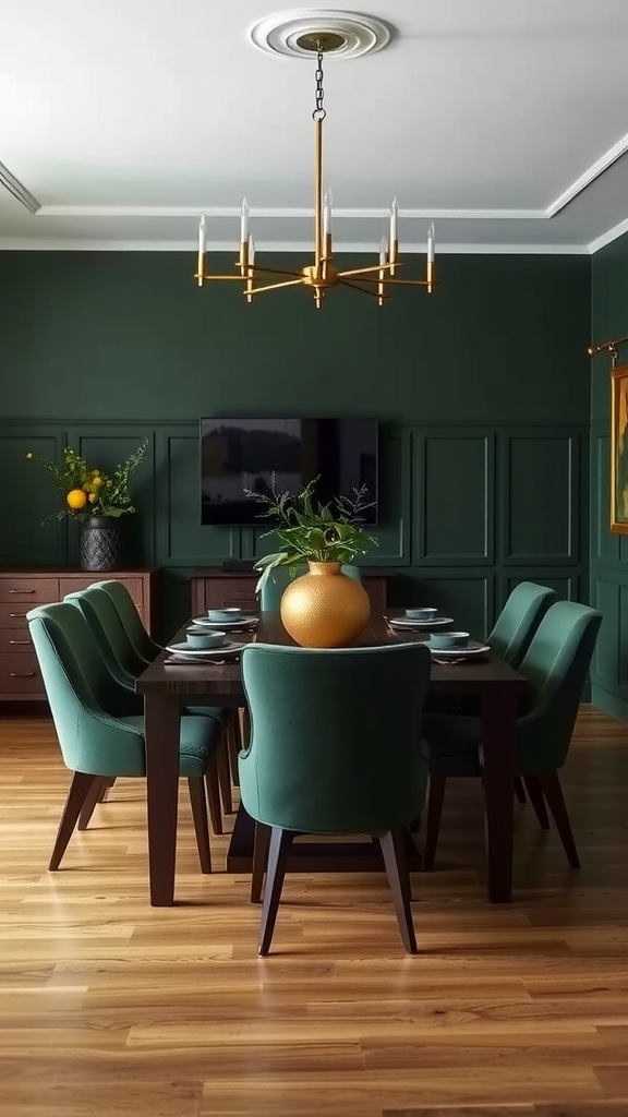A moody dining room with green walls, a wooden table, and stylish green chairs.