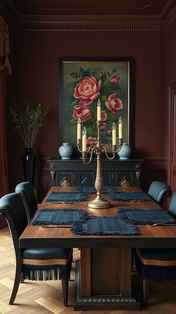 A moody dining room with deep marsala walls, a wooden table, and elegant decor.