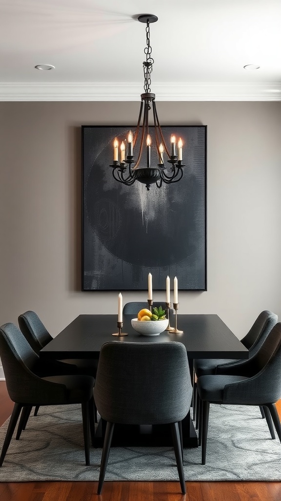 A stylish moody dining room with a black table, upholstered chairs, and a chandelier.