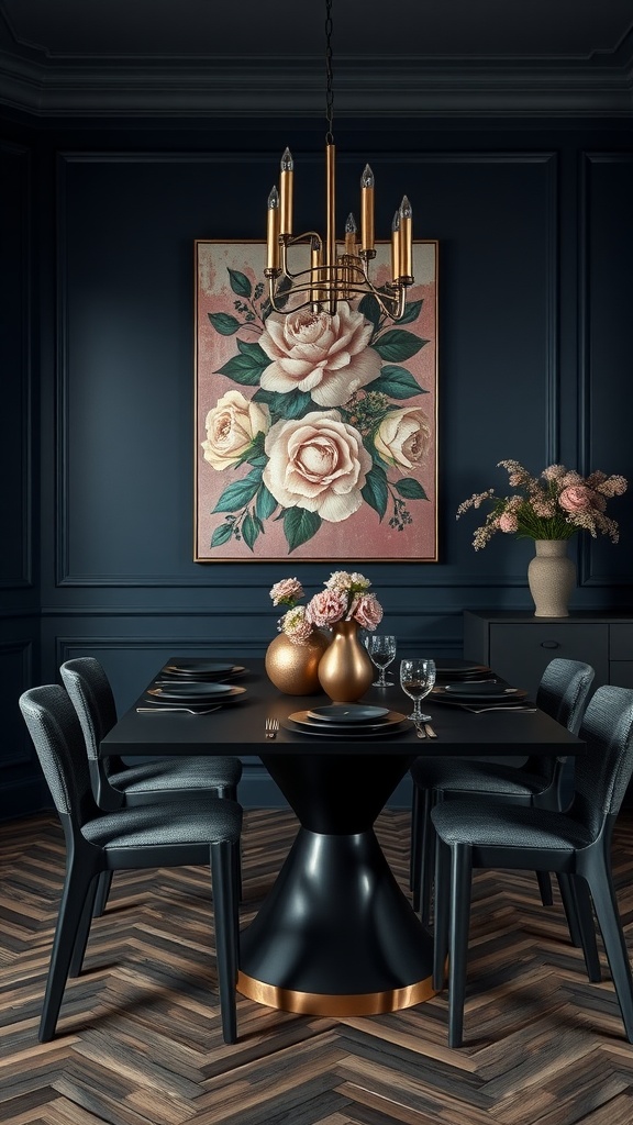 Moody dining room featuring dark walls, a stylish chandelier, and a beautifully set table.