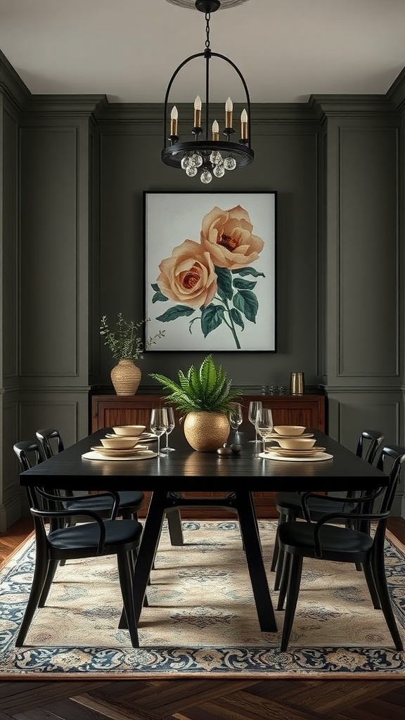 A moody dining room with dark walls, elegant lighting, and a beautifully set table.