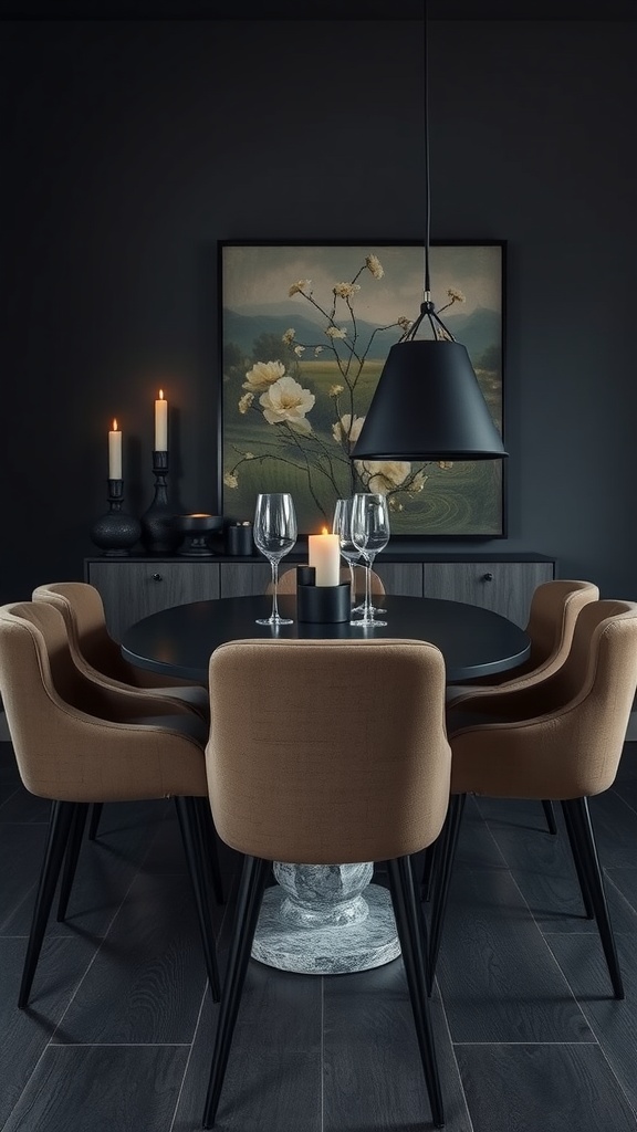 Cozy and moody dining room with candles and stylish furniture