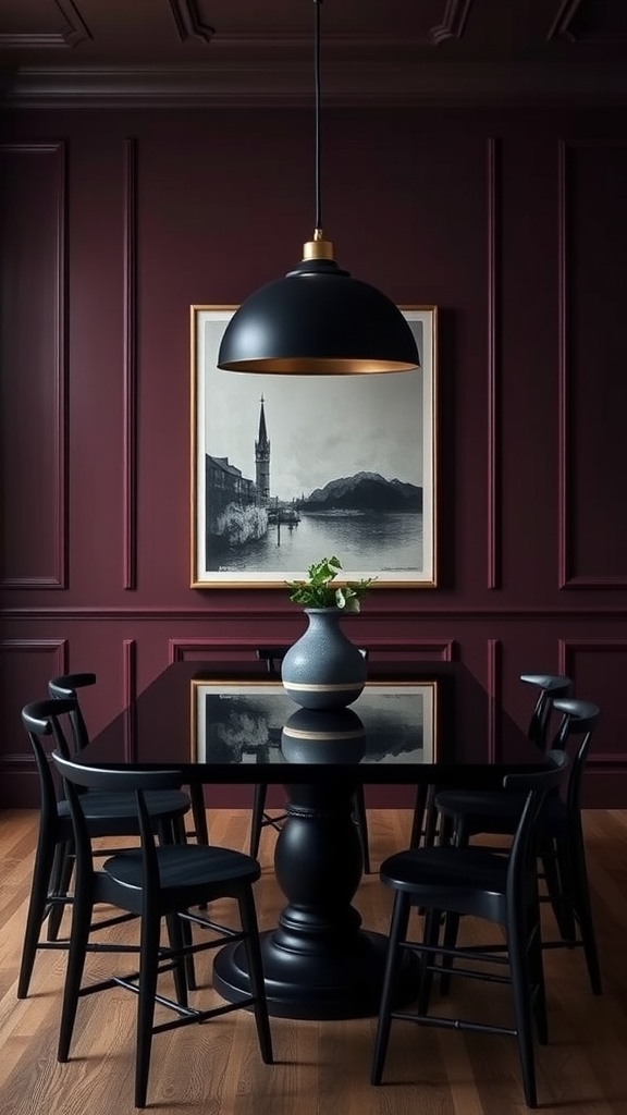 A moody dining room featuring a black table, black chairs, and burgundy walls.
