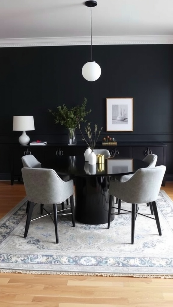 A moody dining room with dark walls, a round black table, gray chairs, and soft lighting.