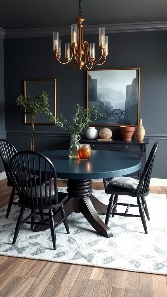 A moody dining room with navy walls, a wooden table, and black chairs.