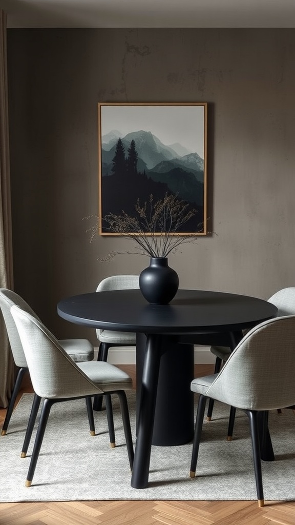 Moody dining room featuring a round black table and light grey chairs.