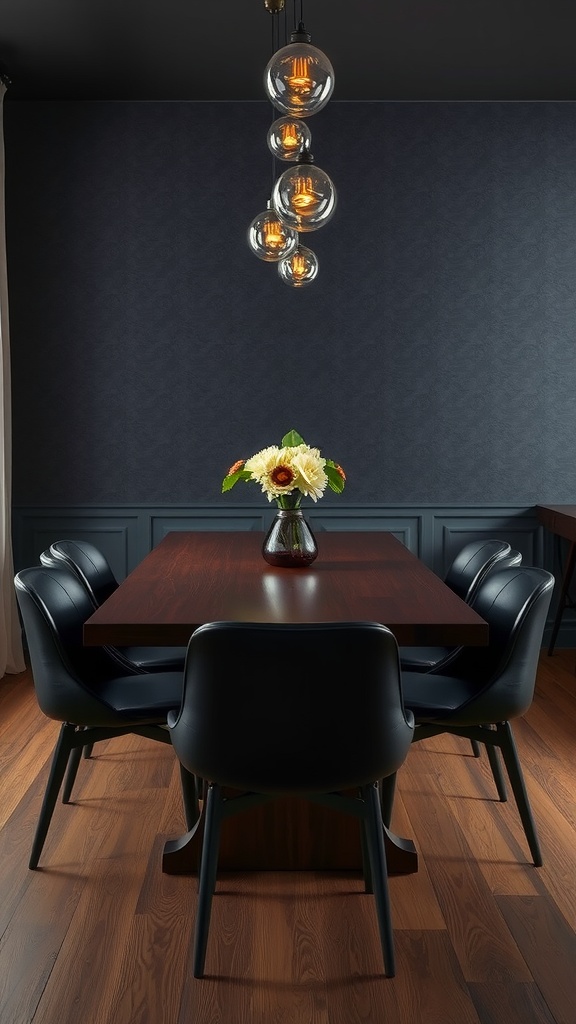 Moody dining room featuring a long wooden table and pendant lights