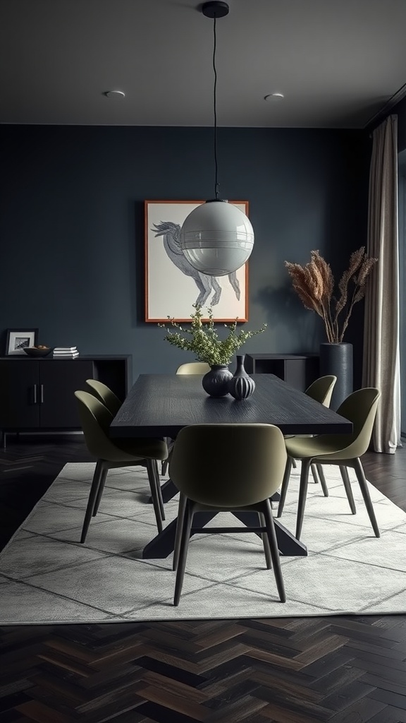 A moody dining room featuring a black table, green chairs, and dark walls, creating an inviting atmosphere.