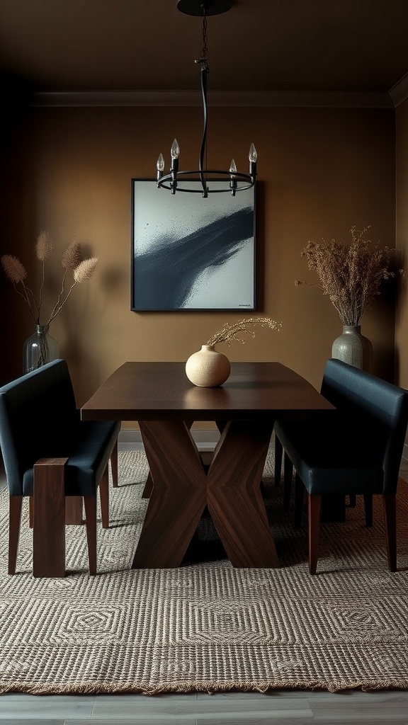 A cozy dining room with a wooden table, blue benches, and a vase of flowers against a warm-toned wall.