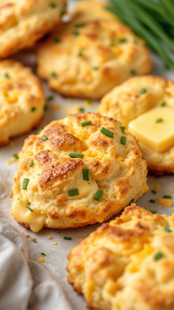 Savory scones with cheddar cheese and chives on a baking tray with some butter