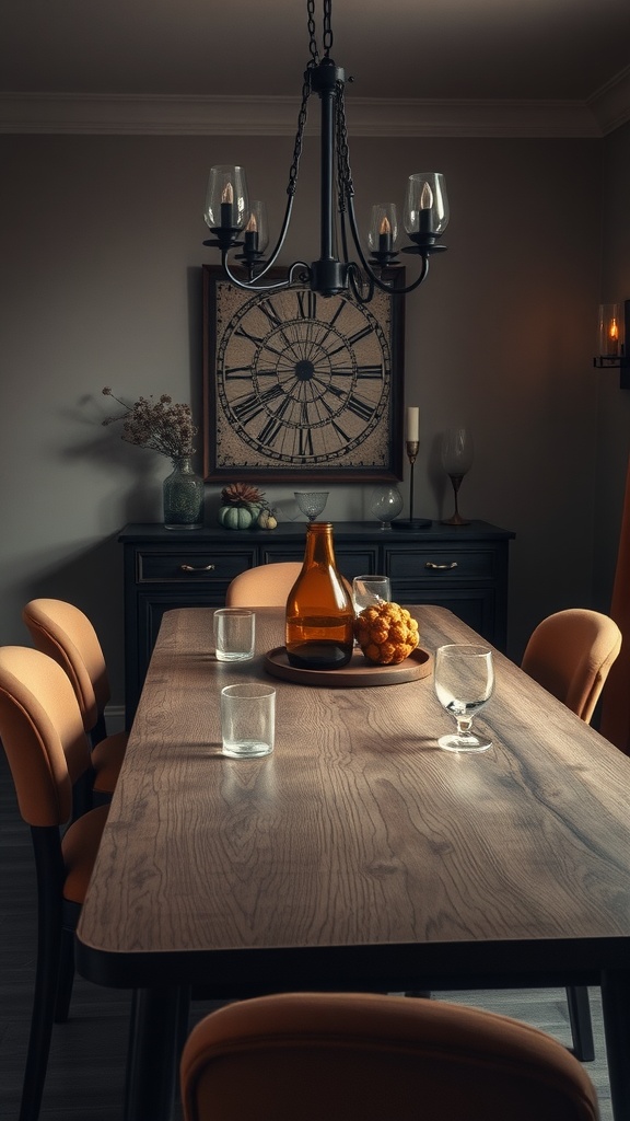 A cozy dining room with sepia tones, featuring a wooden table, elegant chairs, and warm lighting.