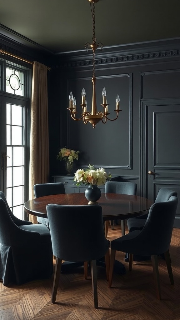 A moody dining room featuring dark walls, a round wooden table, and elegant chairs with a warm chandelier.