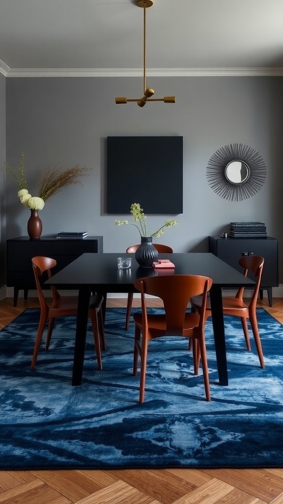 A moody dining room featuring dark walls, a black table, and warm wooden chairs, all set against an indigo rug with white text.