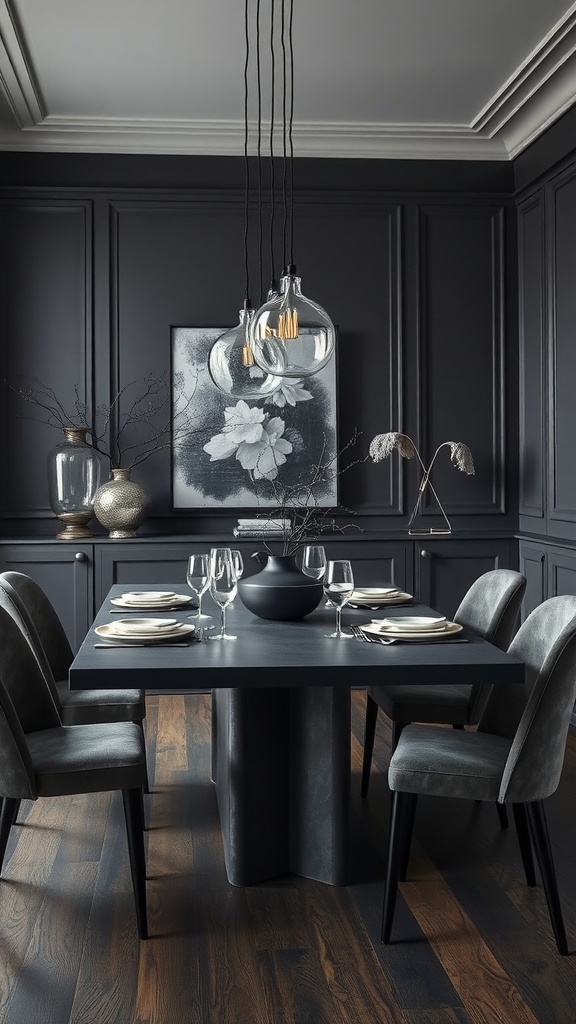 A stylish moody dining room featuring a dark table, chairs, and ambient lighting.