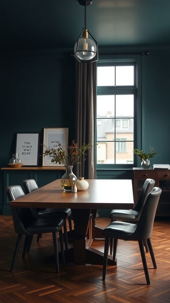 A moody dining room featuring smoky teal walls, wooden furniture, and elegant lighting.
