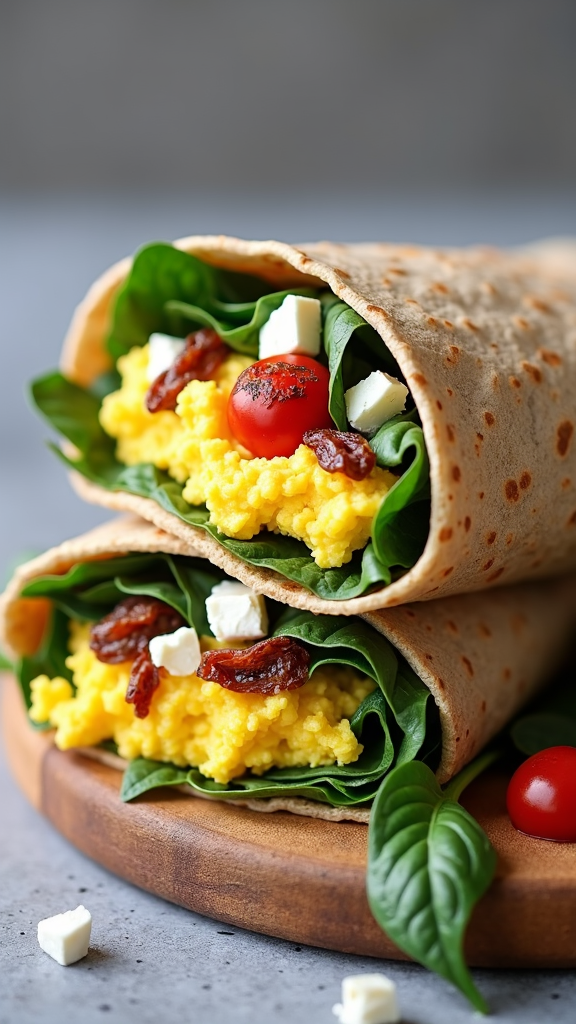 A delicious spinach and feta breakfast wrap with scrambled eggs, cherry tomatoes, and sun-dried tomatoes.