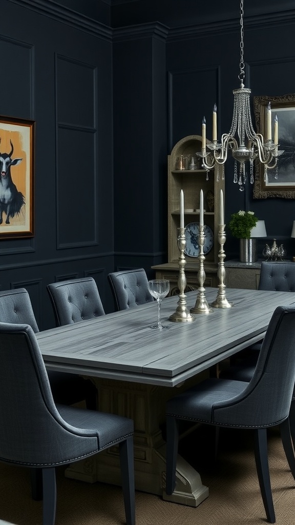 A moody dining room with dark walls, a stylish table, and a candelabra