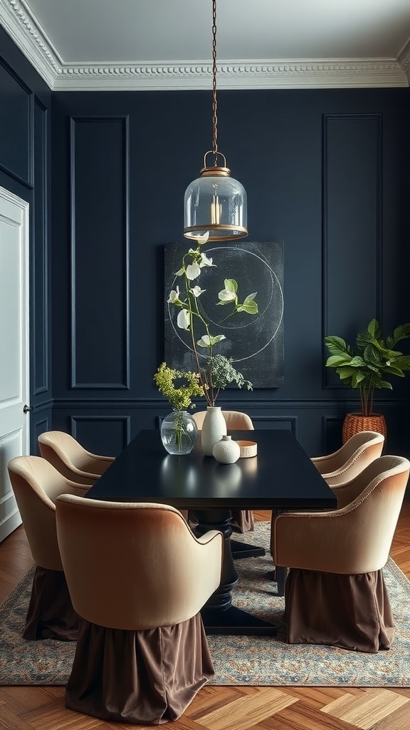 Cozy dining room with deep blue walls and elegant furniture.