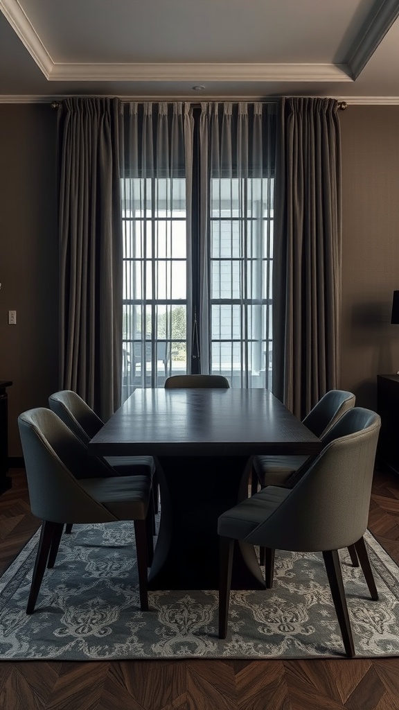 A dimly lit dining room with a dark wooden table surrounded by stylish chairs, creating a cozy atmosphere.