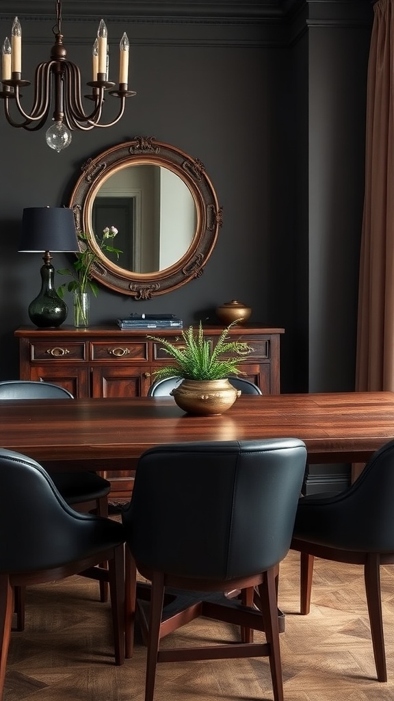 A moody dining room featuring a walnut table, black leather chairs, and a vintage mirror.
