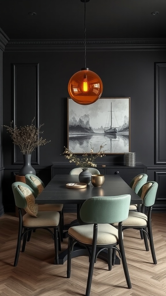 A cozy dining room with dark walls, a black table, beige chairs, and warm pendant lighting.