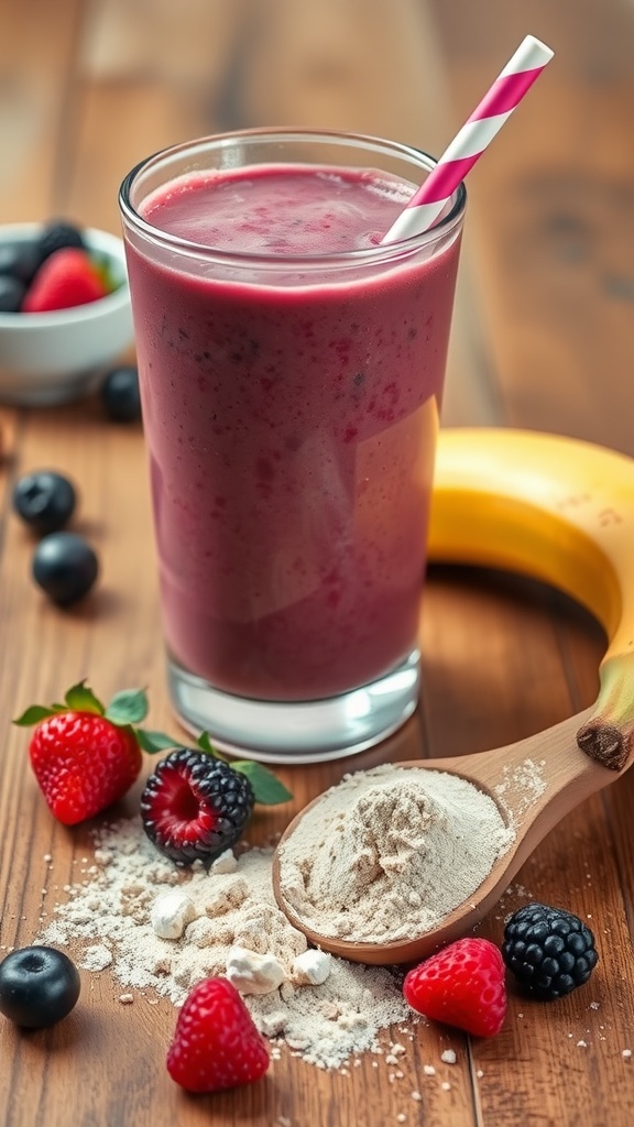 Smoothie with berries and banana on a wooden table