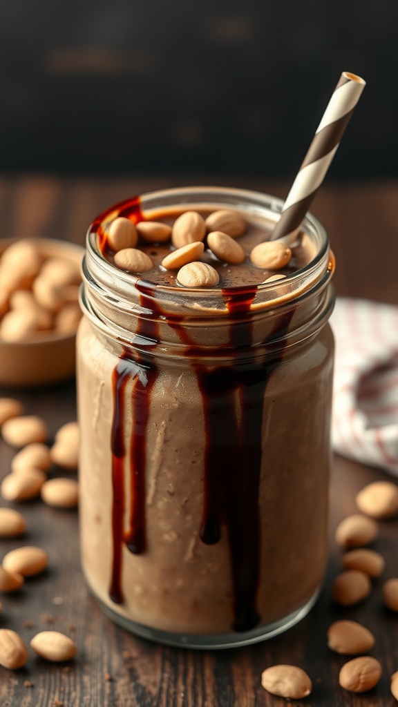 A delicious chocolate peanut butter smoothie topped with peanuts and chocolate syrup.