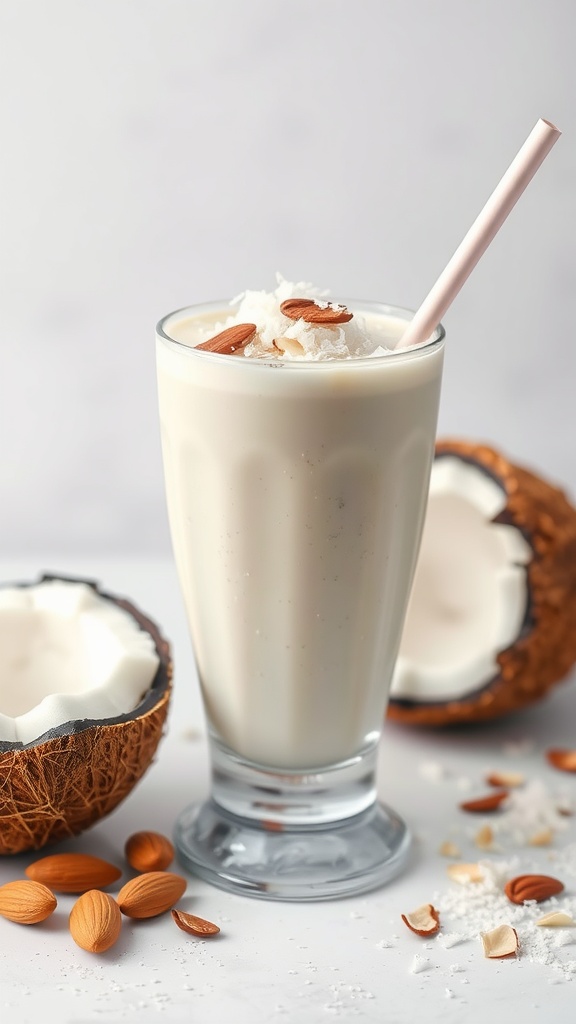 A creamy coconut almond smoothie topped with almonds and coconut flakes, beside halved coconuts and almonds.