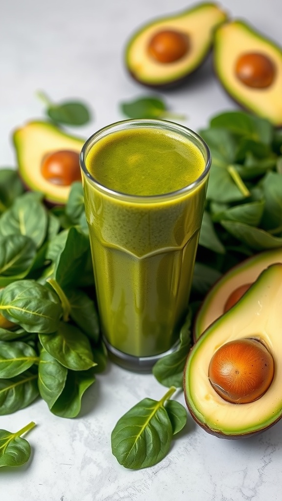 A green smoothie made with avocado and spinach, surrounded by fresh spinach leaves and halved avocados.