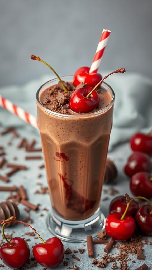 A chocolate cherry smoothie topped with cherries and chocolate shavings