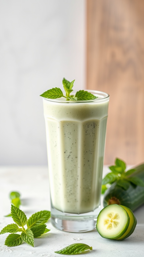 A refreshing cucumber mint smoothie served in a tall glass, garnished with mint leaves.