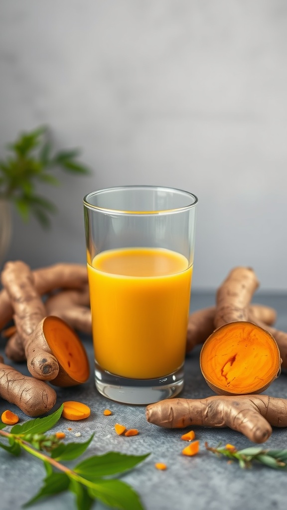 A glass of bright orange smoothie surrounded by fresh turmeric roots.