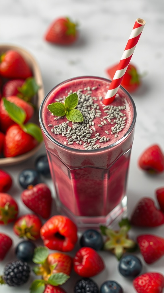 A vibrant smoothie made with berries and topped with chia seeds, surrounded by fresh strawberries and blueberries.